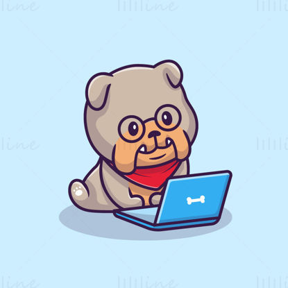 Cute bulldog operating laptop vector