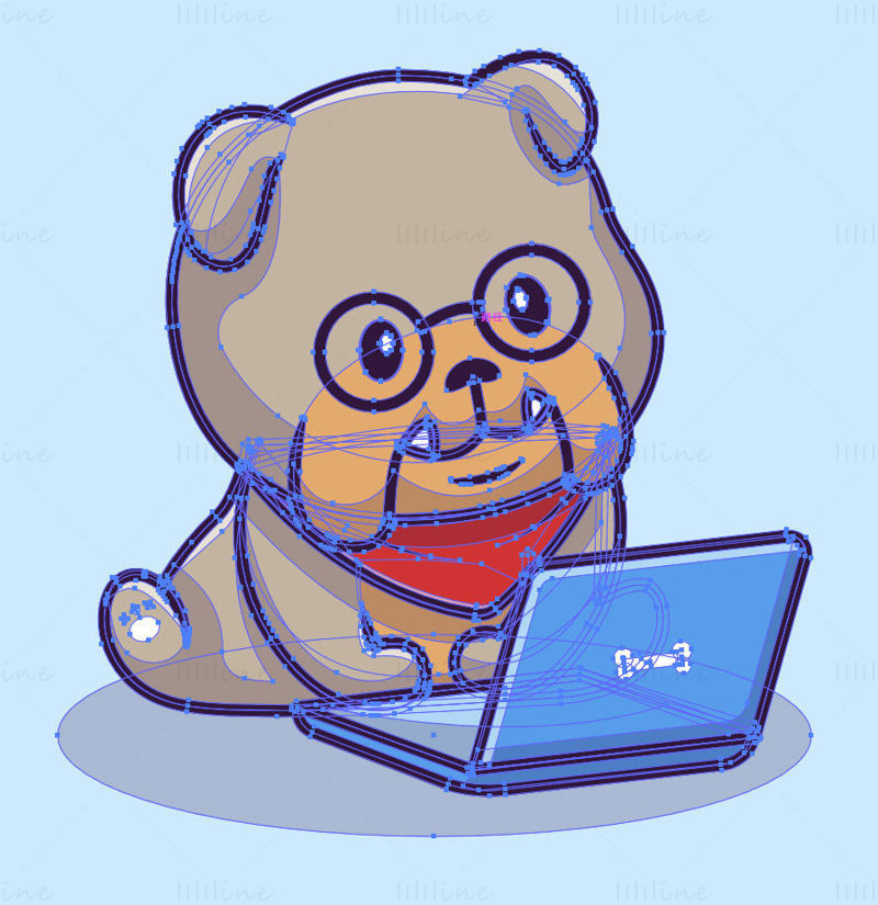 Nette Bulldogge, die Laptopvektor betreibt