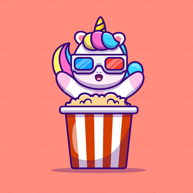 Einhornvektor, der einen 3D-Film sieht, der Popcorn isst