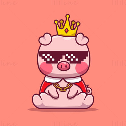 Vecteur de cochon dessin animé, portant couronne, lunettes, collier en or