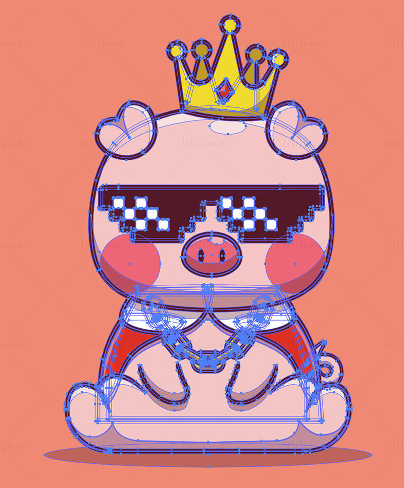 Vecteur de cochon dessin animé, portant couronne, lunettes, collier en or