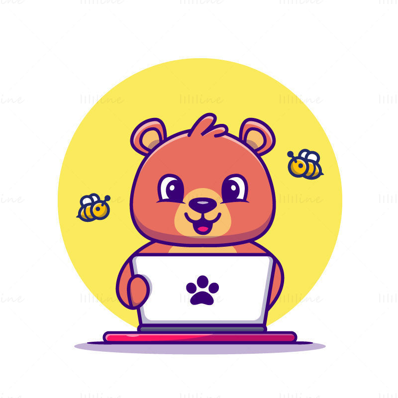Cartoon bear and bee playing computer vector
