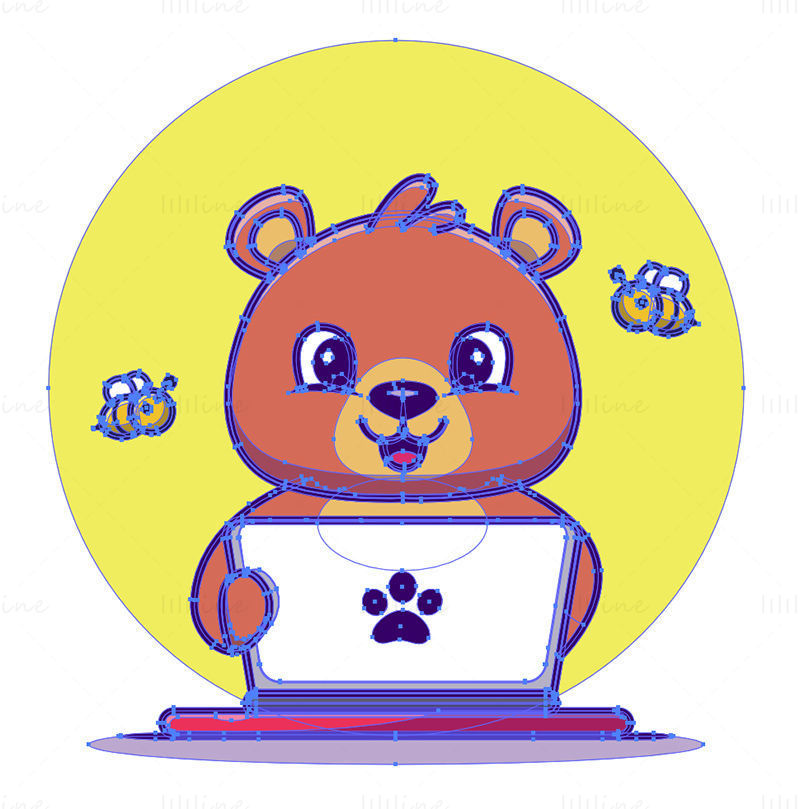 Kreslený medvěd a včela hrající počítačový vektor