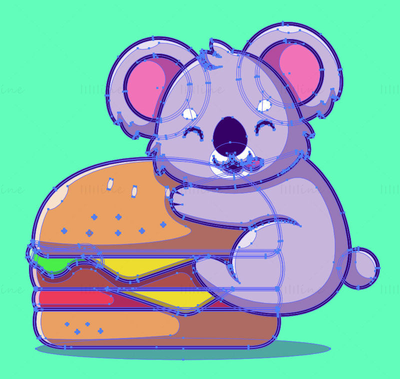 Risanka koala, ki leži na vektorju hamburgerja