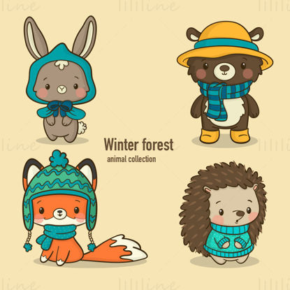 Cartoon Rabbit, Bear, Fox, Hedgehog vector