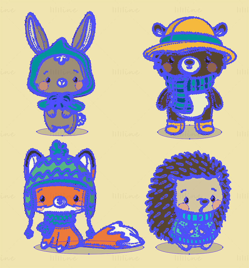 Cartoon Rabbit, Bear, Fox, Hedgehog vector