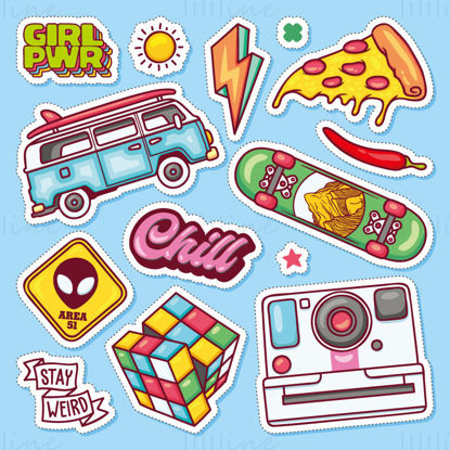 Cartoon sticker vector, sun, lightning, food, pizza, peppers, cars, skateboards, aliens, Rubik's cube, point and shoot camera