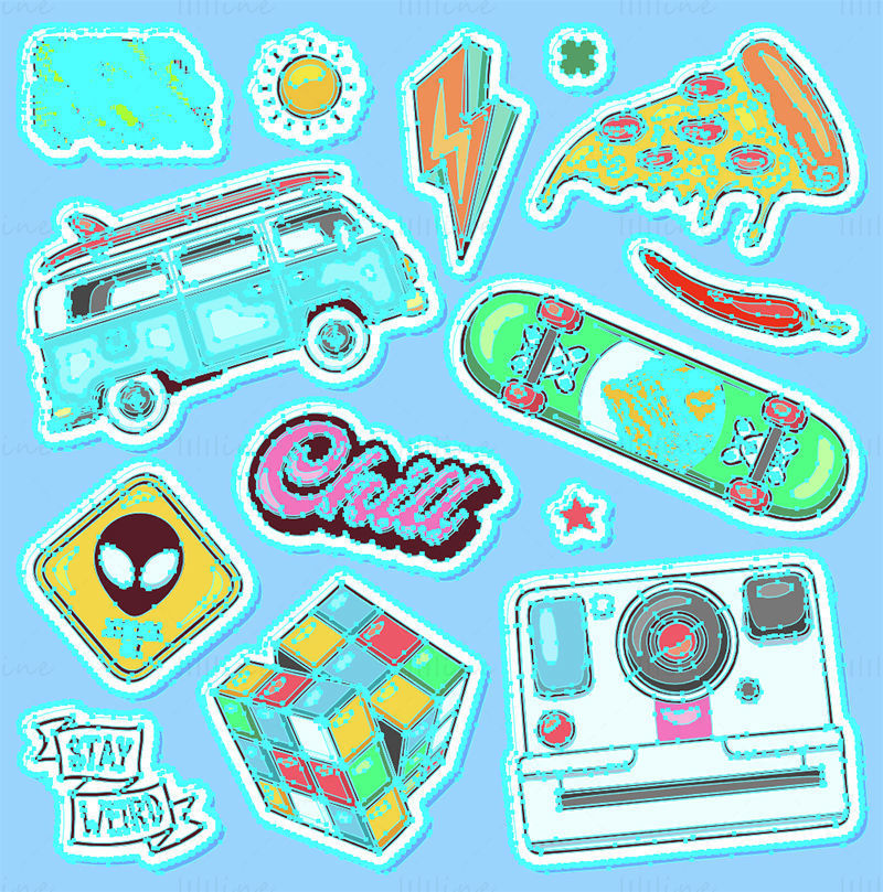 Cartoon sticker vector, sun, lightning, food, pizza, peppers, cars, skateboards, aliens, Rubik's cube, point and shoot camera