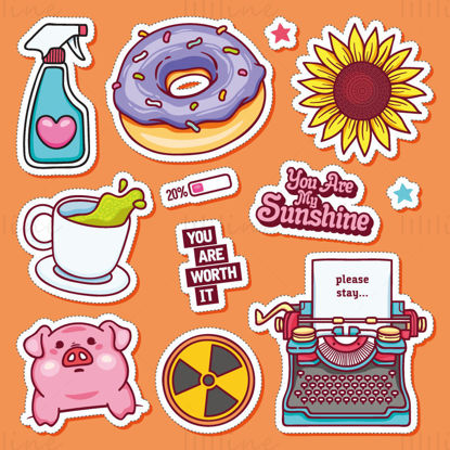 Donut, Sunflower, Drink, Progress Bar, Typewriter, Piggy, Tea, Nozzle bottle, Nuclear Radiation Warning Sign vector