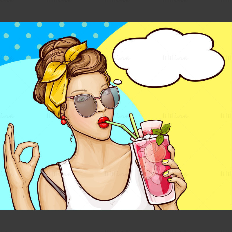 Girl drinking in hot summer, vector