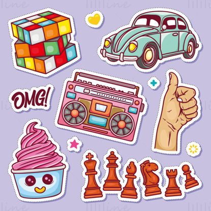 Vector of Rubik's cube, cars, likes, thumbs up, radio, ice cream, chess