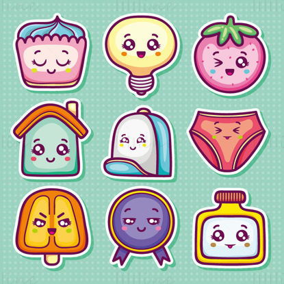 Vector of cute cup cake, light bulb, strawberry, house, bag, panties, popsicle, badge, bottle