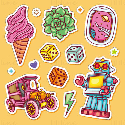 Vector of ice cream cone, meaty, dice, classic car, lightning, robot, universe