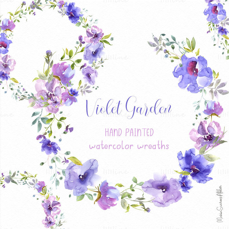 Violet Garden - Watercolor Floral Wreaths Clipart