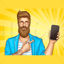 Bearded man shows you his phone, vector