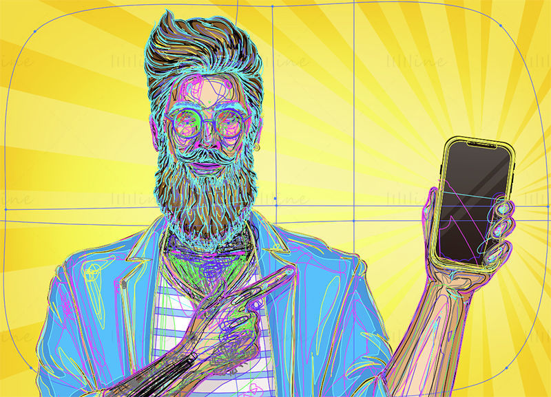 Bearded man shows you his phone, vector