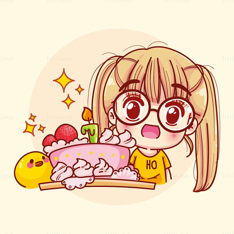 Vecteur de gâteau d'anniversaire fille dessin animé