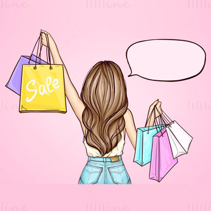 Dívka a nákupní tašky, textová bublina vektorové ilustrace