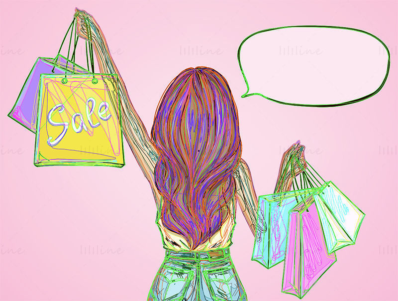 Dívka a nákupní tašky, textová bublina vektorové ilustrace