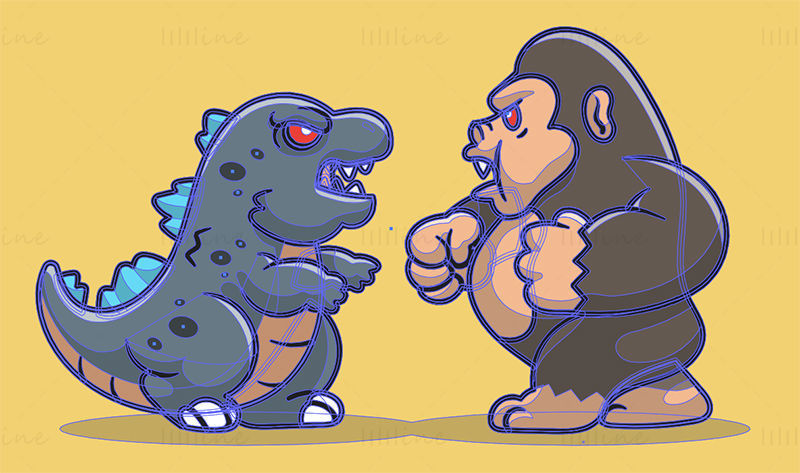 Kreslený vektor Godzilla vs King Kong