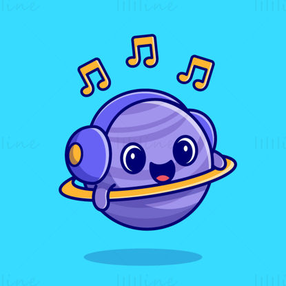 Dessin animé Saturne écoutant de la musique, illustration vectorielle