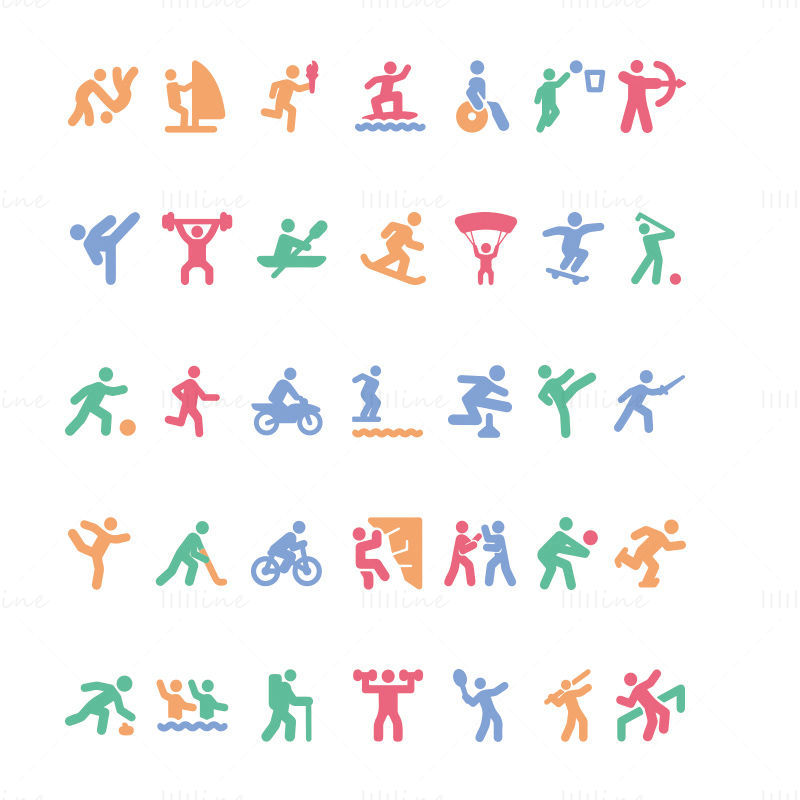 Színes olimpiai sportok vektoros vonal ikonok