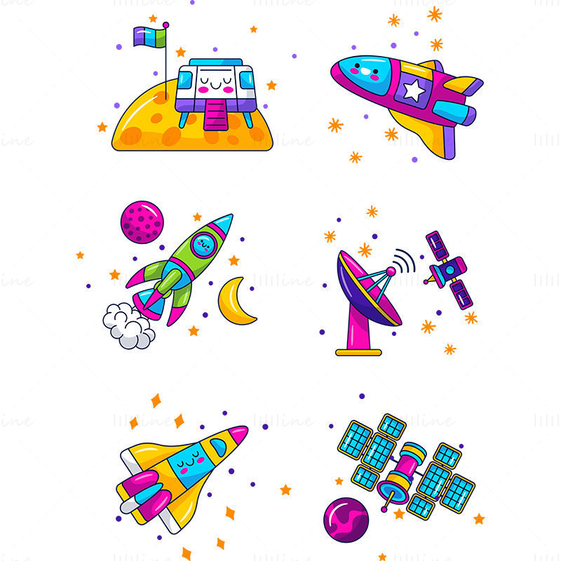 Kindliche Vektorgrafik von Luft- und Raumfahrtelementen