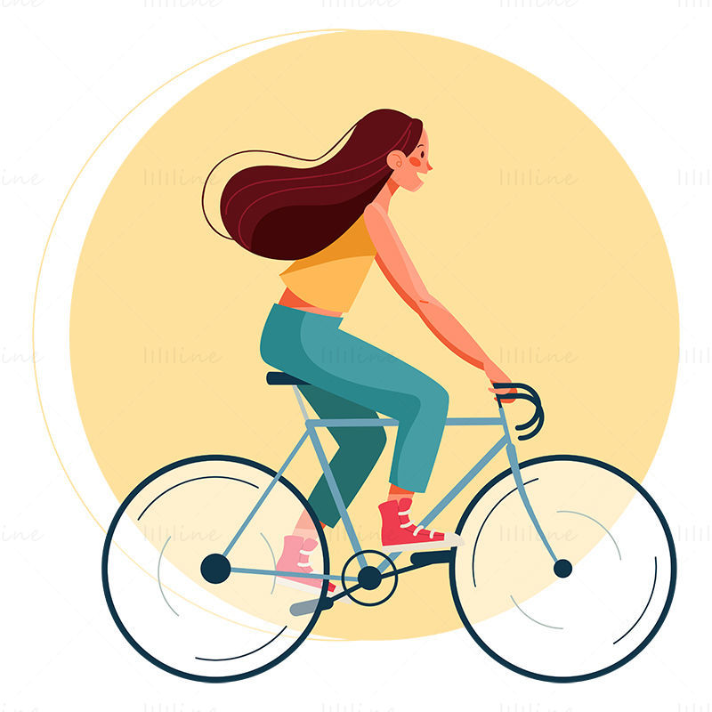 女孩骑自行车，矢量图