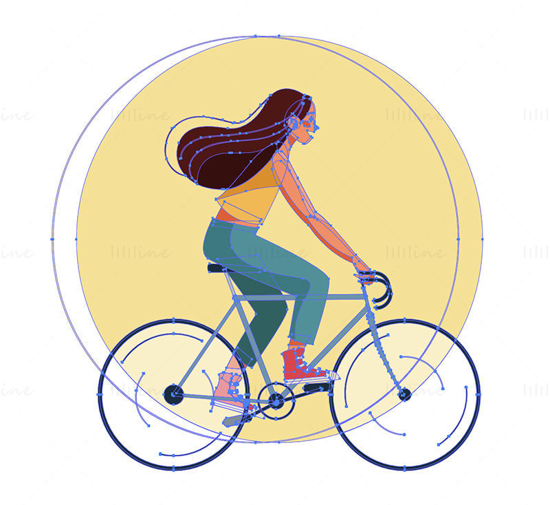 女孩骑自行车，矢量图