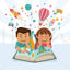 Cartoon boy girl happy studying vector illustration