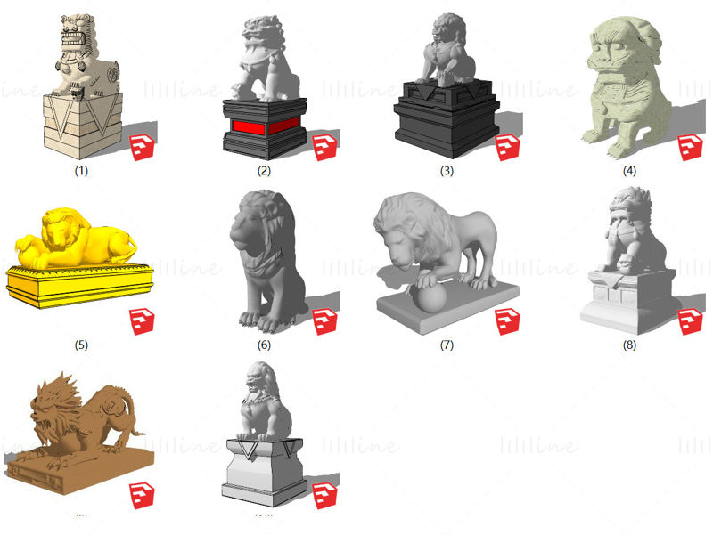 10 modele sketchup de sculptură de leu din piatră element chinezesc