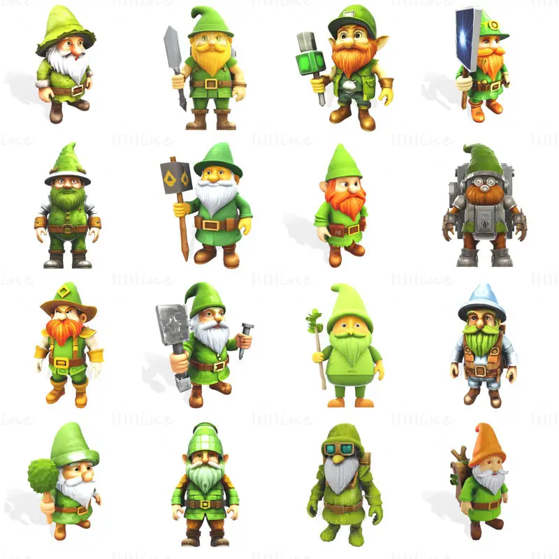 Colecție de 16 personaje Gnome de grădină: Figurine premium gata de imprimare 3D