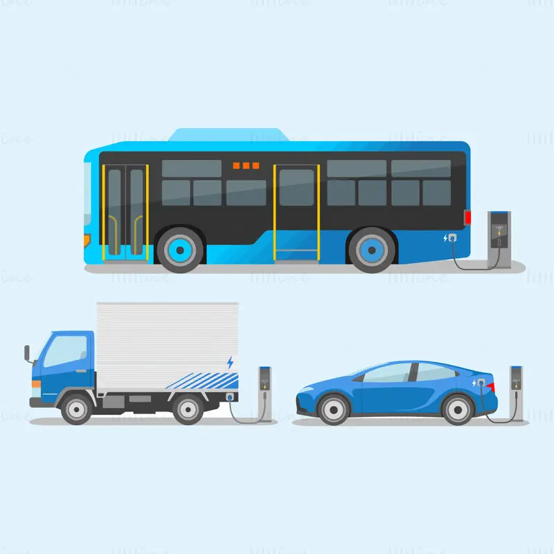 Flat cartoon green environmental protection new energy car bus truck energy replenishment vector 2.5D illustration