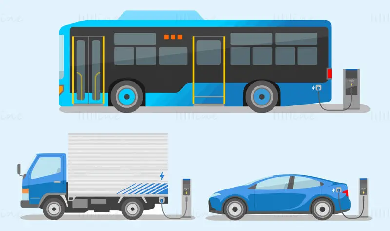Flat cartoon green environmental protection new energy car bus truck energy replenishment vector 2.5D illustration