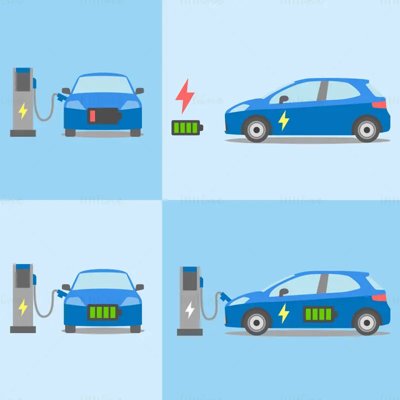 Flat cartoon green environmental protection new energy car battery power replenishment vector 2.5D illustration