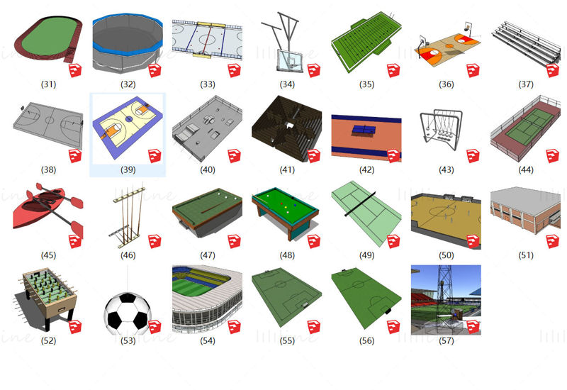 27 modelli di sketch di impianti sportivi di calcio, basket, biliardo, tennis e ping pong