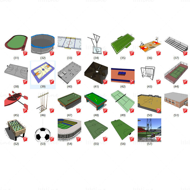 27 modelli di sketch di impianti sportivi di calcio, basket, biliardo, tennis e ping pong