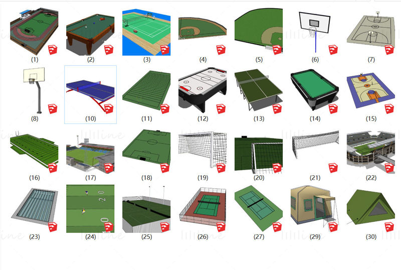 28 Skizzenmodelle von Fußball-, Basketball-, Billard-, Tennis- und Tischtennissportstätten