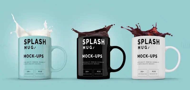 Mockup PSD de 3 canecas Splash