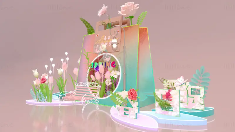 Spomladansko vzdušje, cvetlična torbica, gradnja, cvetlična umetnost, art check-in točka, 3D scena, model