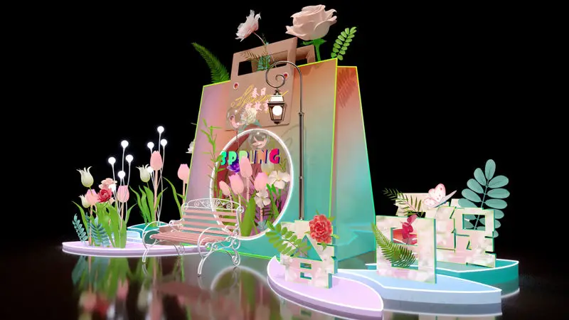 Spomladansko vzdušje, cvetlična torbica, gradnja, cvetlična umetnost, art check-in točka, 3D scena, model