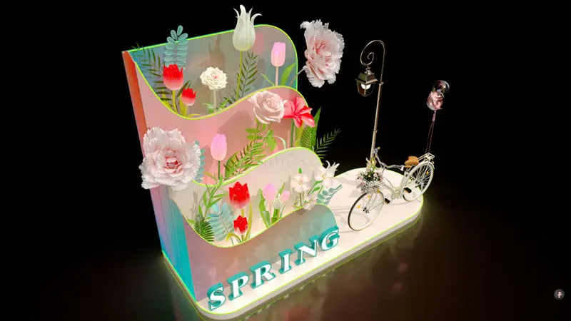 Modello di scena 3D con esposizione di fiori in atmosfera primaverile