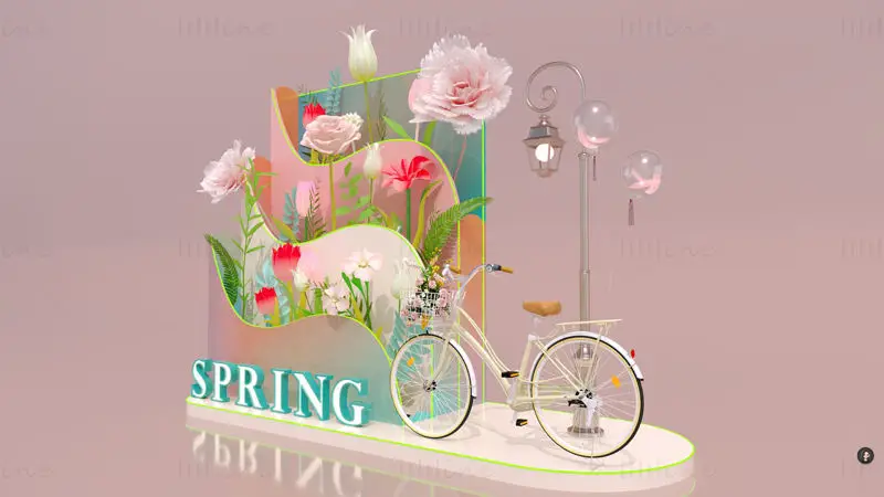 Modello di scena 3D con esposizione di fiori in atmosfera primaverile