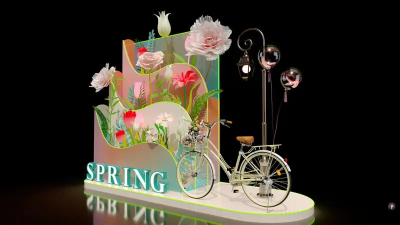Modello di scena 3D con esposizione di fiori in atmosfera primaverile