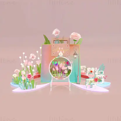 Modello di scena 3D con arte floreale del punto di check-in, borsa floreale con atmosfera primaverile