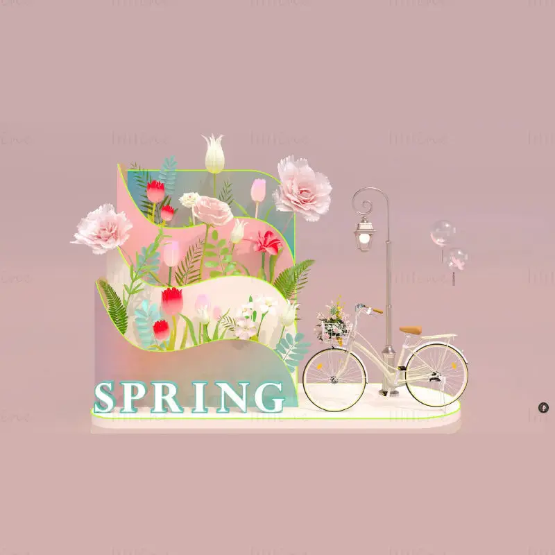 Modello di scena 3D con esposizione di fiori in atmosfera primaverile