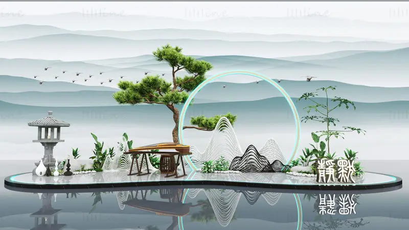 中国古代の風景装飾の3Dシーンモデル