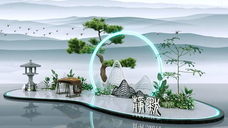 中国古代の風景装飾の3Dシーンモデル