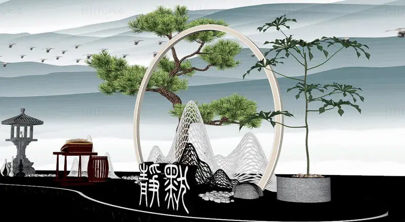 中国古代の風景装飾の3Dシーンモデル