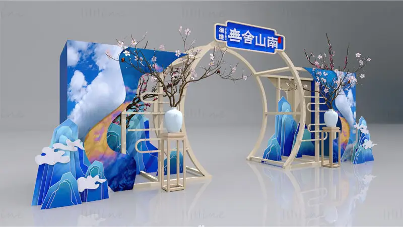 Nuevo arco de exhibición de marketing inmobiliario de estilo chino, escena de evento con arte floral paisajístico en tonos azules y blancos, modelo 3D